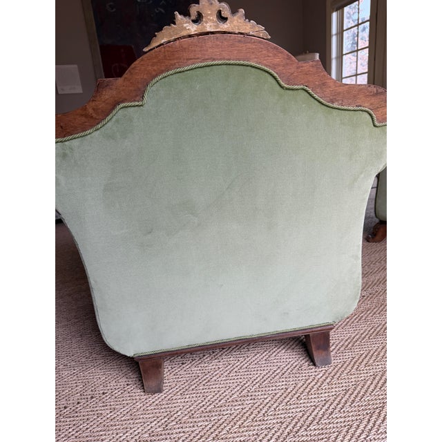Wood Early 20th Century Austrian Vienna Biedermeier Revival Armchairs in Carved Walnut with Green Velvet – Pair For Sale - Image 7 of 9