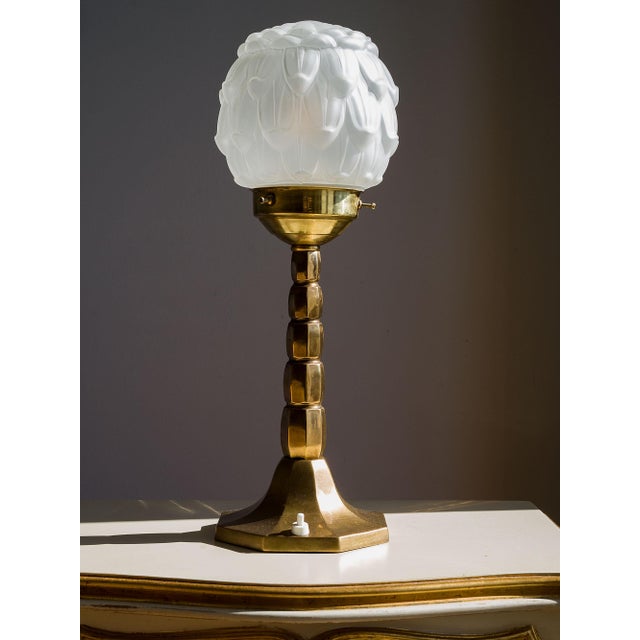 Metal Art Deco Brass Table Lamp with Frosted Glass Shade, 1930s For Sale - Image 7 of 8