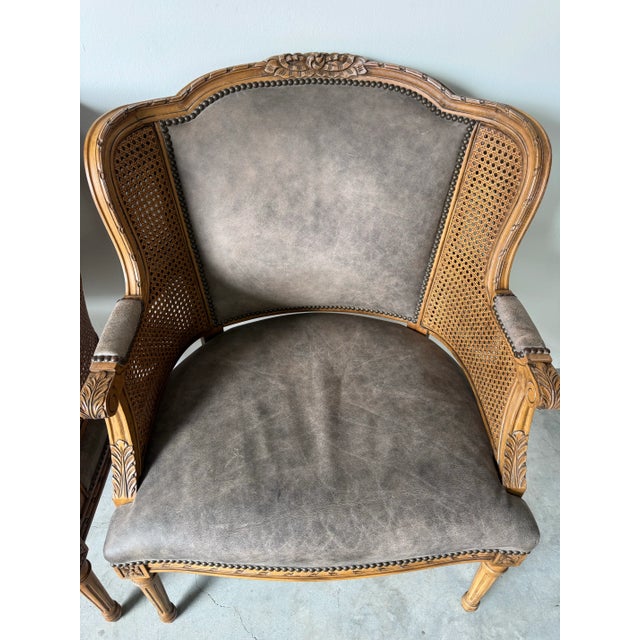 Wood Vintage Century Furniture Louis XVI–Style Double Cane and Leather Club Chairs – A Pair For Sale - Image 7 of 12