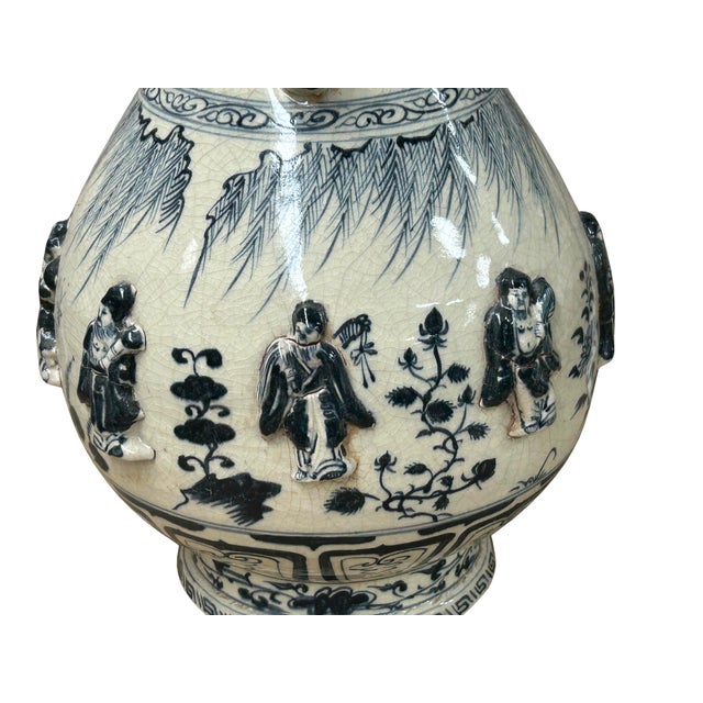 Oriental Cream White Color Blue Eight Immortal Theme Porcelain Vase Art For Sale - Image 15 of 17
