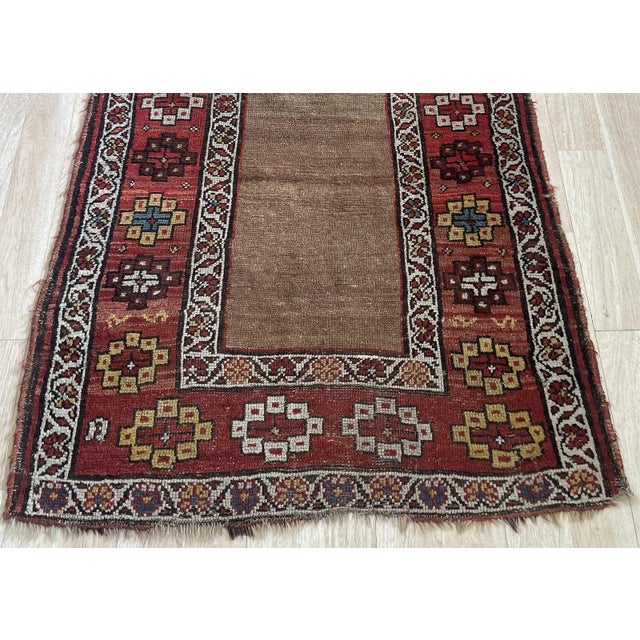 Late 19th Century Antique c.1870s Kurdish Tribal Rug, Natural Camel Field, Geometric Border, 2'7" X 6'3" (82cm X 192cm) For Sale - Image 5 of 7