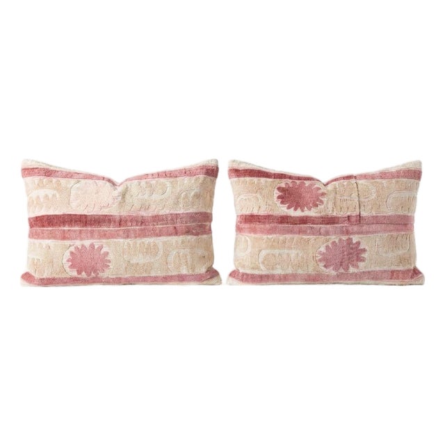 Uzbek Suzani Lumbar Pillow Cover 17'' X 24'' - Set of Two For Sale