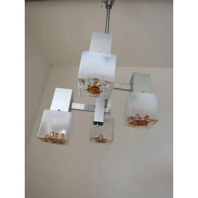 Vintage Italian Pendant w/ Lightly Frosted Murano Glass Cubes & Infused Amber Glass By Mazzega c 1960’s