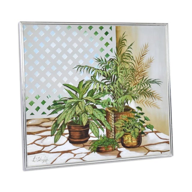Lee Reynolds Vintage 1970s Large Green and White House Plant Painting by DeLongprie For Sale - Image 4 of 11