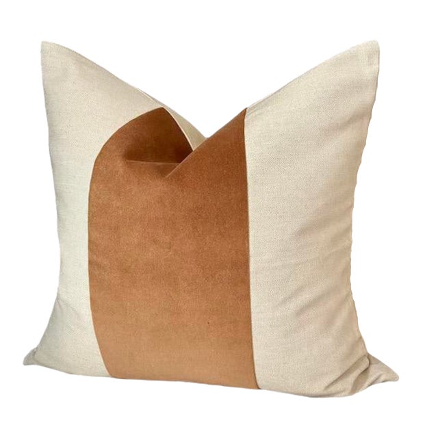 Custom Oatmeal Linen & Copper Mohair Stripe Down-Filled 16" Pillow - Single For Sale