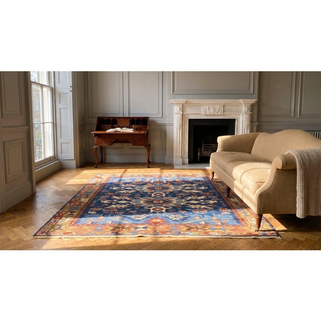 Great Blue and Camel Color With Rhombus and Florid Design Antique Caucasian Bidjov Rug For Sale - Image 14 of 15