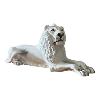 Vintage Mid Century Italian Ceramic Recumbent Lion Sculpture by Ronzan For Sale