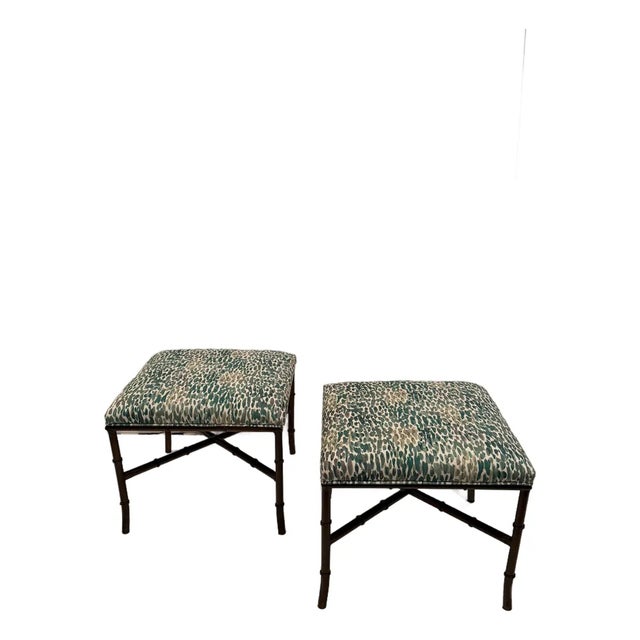 Faux Bamboo Brass & Contemporary Upholstered Benches Ottomans -a Pair For Sale