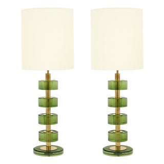 Modern Venetian Glass and Brass Lamps With Green Drum Glass, Murano, Italy For Sale