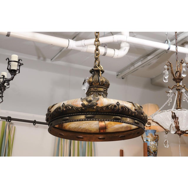 Early 20th Century Victorian Leaded Glass & Bronze Chandelier, Early 20th C. American For Sale - Image 5 of 12