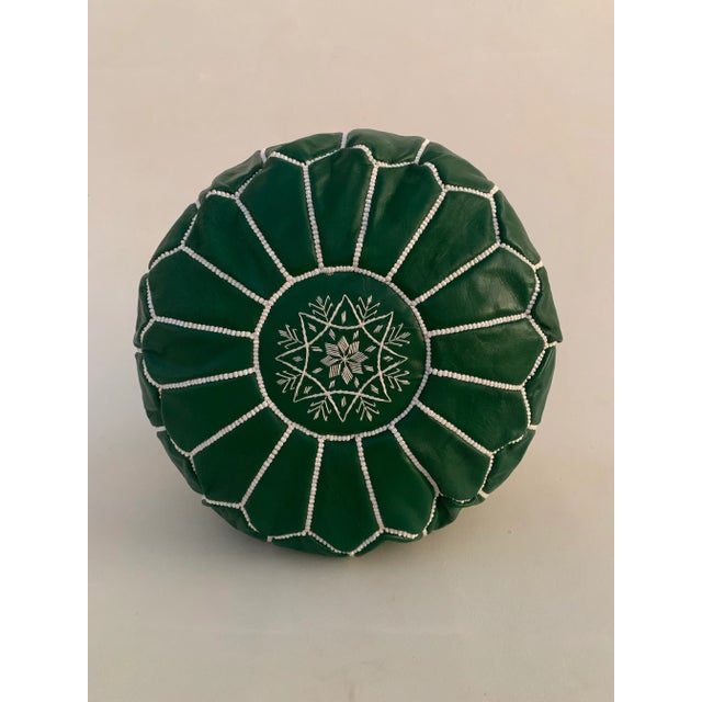 Green Green Moroccan Leather Pouf Cover For Sale - Image 8 of 10