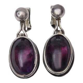Vintage Amethyst and Sterling Silver Drop Dangle Clip on Earrings Pair Of For Sale