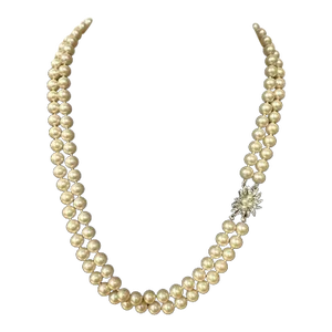 Mid 20th Century Marvella Double Strand Faux Pearl Necklace Silver Floral Rhinestone Clasp