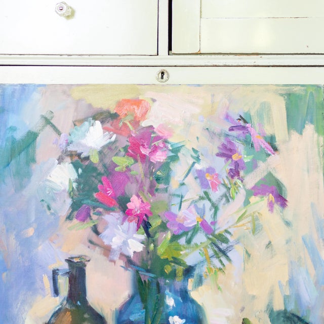 Textile Large Fruit and Floral Still Life Oil Painting Blue and Polychrome For Sale - Image 7 of 10