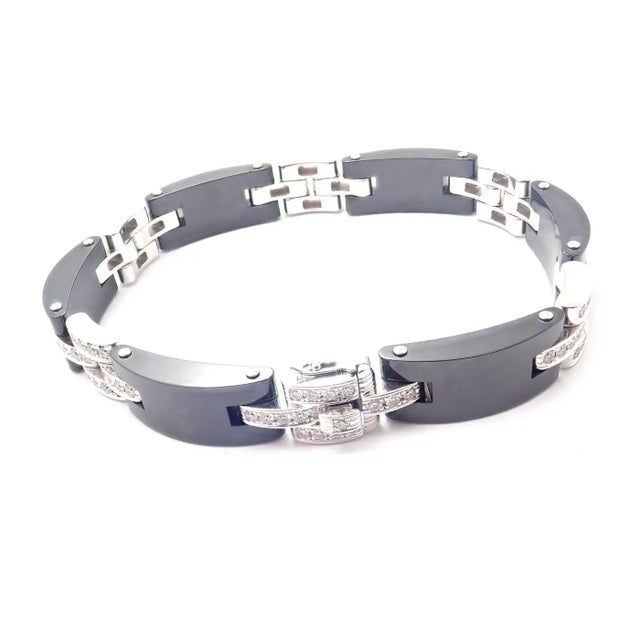 Metal 1990s Cartier Maillon Panthere Diamond Ceramic White Gold Link Bracelet For Sale - Image 7 of 9