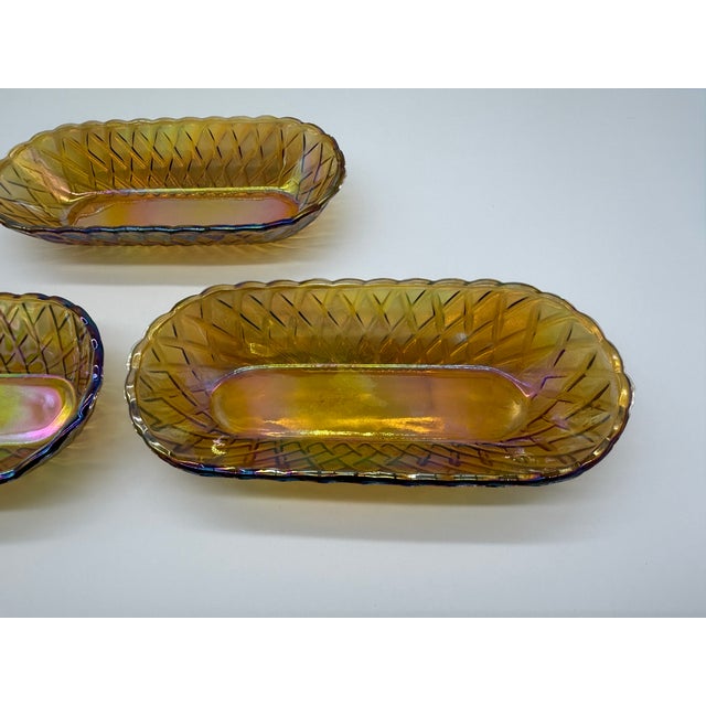 Mid 20th Century American Pressed Amber Carnival Glass Celery Dish - Set of 3 For Sale - Image 9 of 11