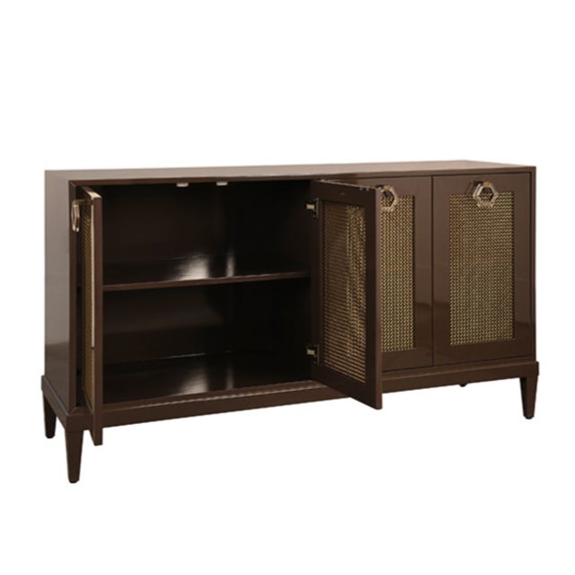 Wood Matthew Izzo Home Glossy Chocolate Brown Four Door Buffet Cabinet With Brass Mesh Doors and Acrylic Door Pulls For Sale - Image 7 of 9