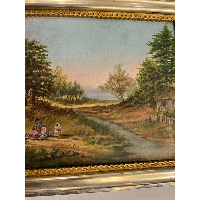 Boho Chic Vintage Oil on Board Painting of People in a Rural Landscape by the Lake For Sale - Image 3 of 6