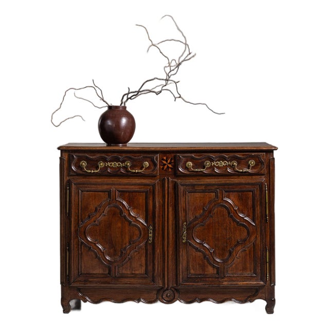 1800s French Chestnut Brown Louis XV Ornate Buffet with Brass Hardware For Sale