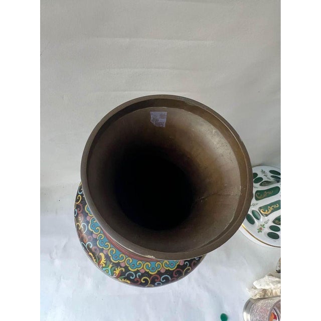 Antique Old Asian Chinoiserie Enameled Copper Vase For Sale - Image 9 of 10