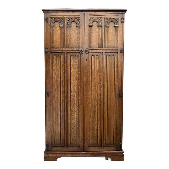 Vintage English Tudor Revival Oak Wardrobe Armoire by Crown Ay Furniture For Sale