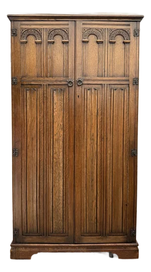 Vintage English Tudor Revival Oak Wardrobe Armoire by Crown Ay Furniture