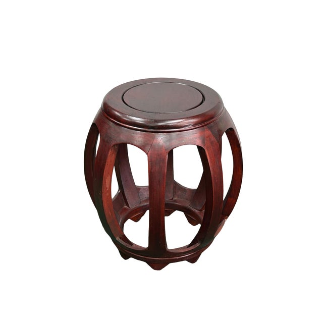 Vintage Reddish Brown Oriental Barrel Shape Round Stool Side Table For Sale - Image 9 of 11