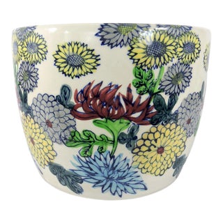 Large Multi Coloured Floral Beige Ceramic Planter With Yellow, Blue, Mauve & Red Chrysanthemums For Sale