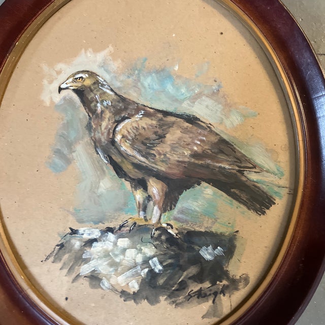 Original approx 13 x 16 painting on cardboard signed bottom right Overall size with oval vintage wood frame is...