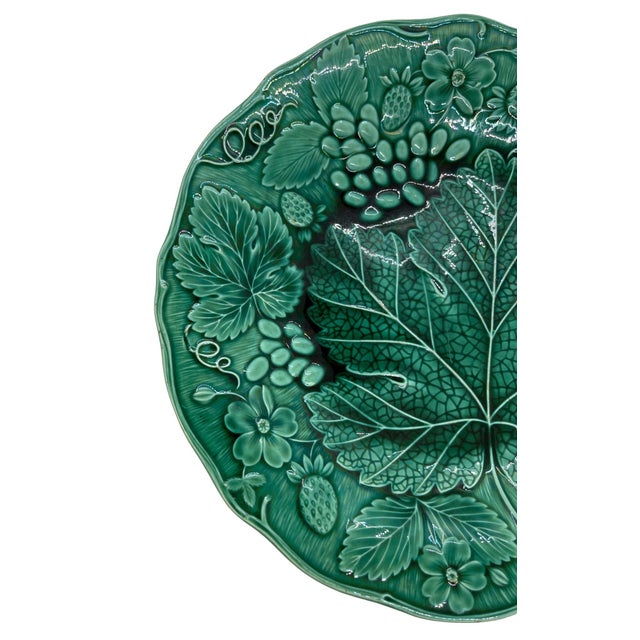Green majolica dessert plate, molded with strawberries and grapes, English, ca. 1880