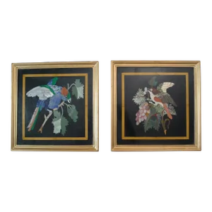 Mid 20th Century Italian Pietra Dura Bird Semi-Precious Stone Framed Plaques - a Pair