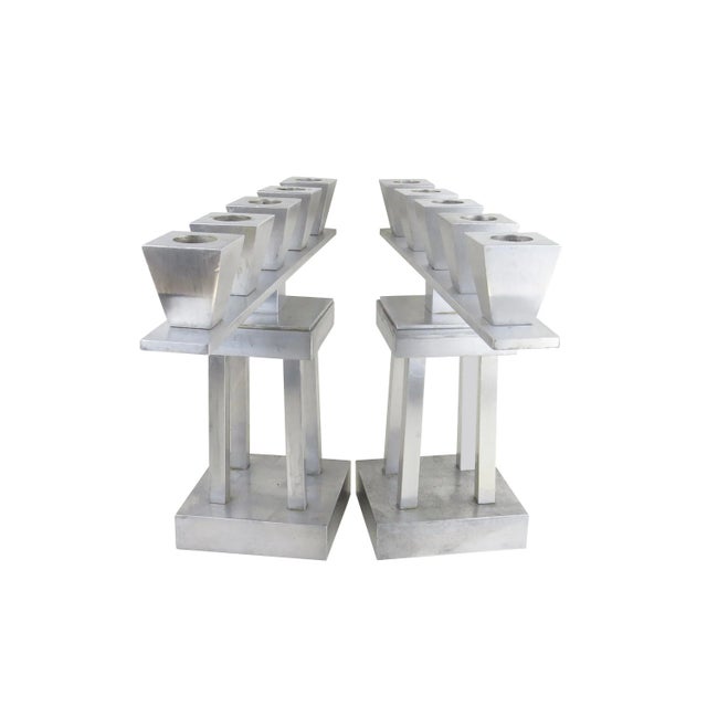 Vintage Art Deco Brushed Aluminum 5-Light Candle Holders - a Pair For Sale - Image 12 of 12