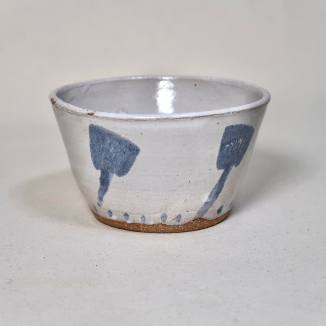 Handmade Flared Studio Pottery Bowl With Blue Botanical Brushstroke Pattern & Milky White Glaze For Sale - Image 4 of 13