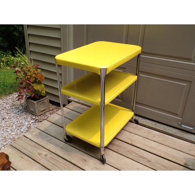 Vintage Industrial Yellow Cosco Chrome Kitchen 3 Shelf Utility Cart With Wheels For Sale - Image 4 of 18