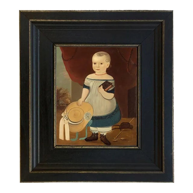 "Primitive Child With Straw Hat" Framed Print on Canvas in Distressed Black Wood Frame For Sale