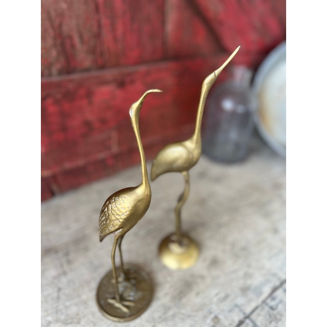 Brass Vintage Brass Crane Bird Statues Elegant Mid Century Decorative Sculpture Pair For Sale - Image 8 of 14
