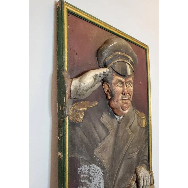 1930s Life-Size Art Deco Movie Theater Relief Carved Polychrome Painted Wooden Usher Fiigure Wall Panel Mural Folk Art For Sale - Image 5 of 12