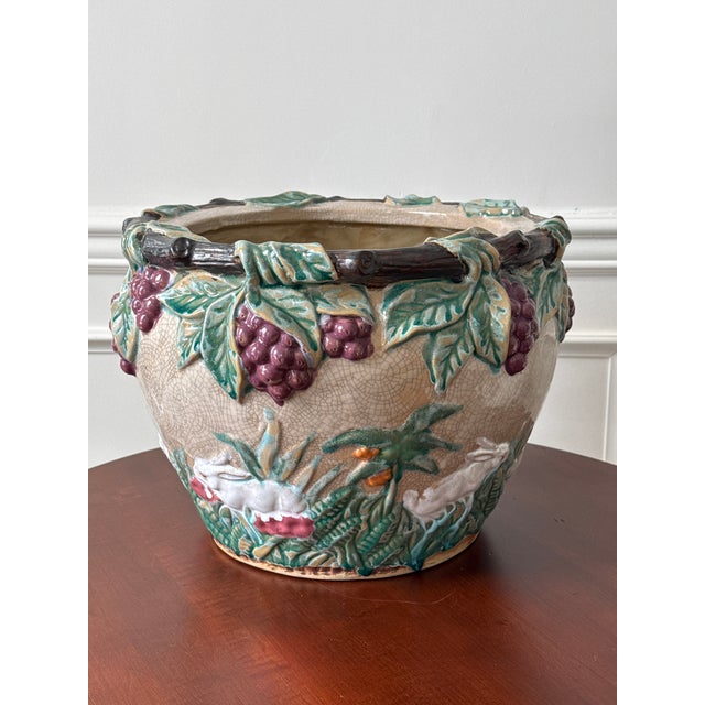 Traditional 1980s Majolica Style Rabbits and Grapevine Planter For Sale - Image 3 of 10