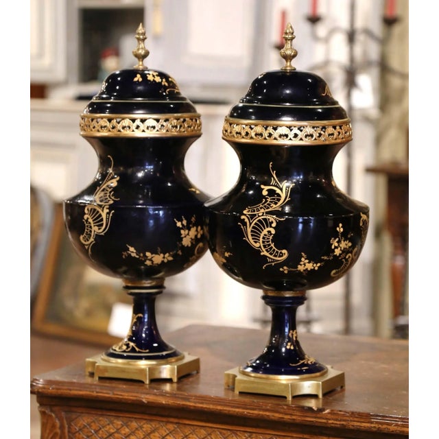 Pair of 19th Century French Sevres Royal Blue Porcelain & Bronze Covered Urns For Sale - Image 9 of 12