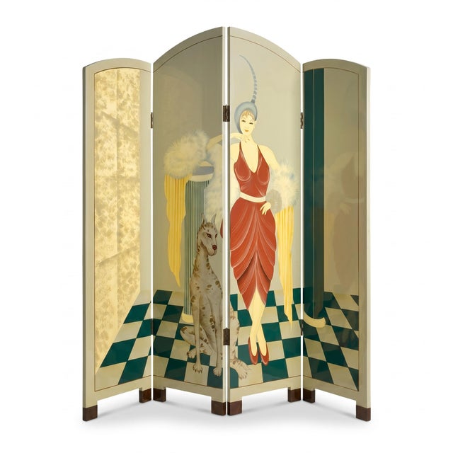 An exceptional Art Deco screen from the 1930s, entirely hand-painted and lacquered by an unknown artist. A unique piece of...