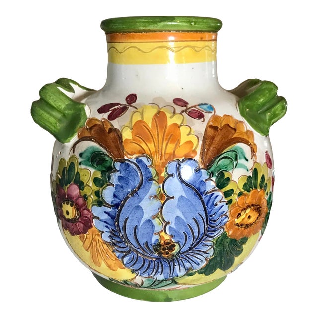 1950's Rustic Italian Hand Painted Floral Vase For Sale