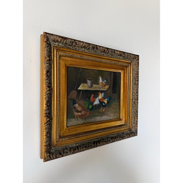 Rustic Vintage Rustic Chickens & Rooster Still Life Oil Painting on Plywood – Framed For Sale - Image 3 of 7