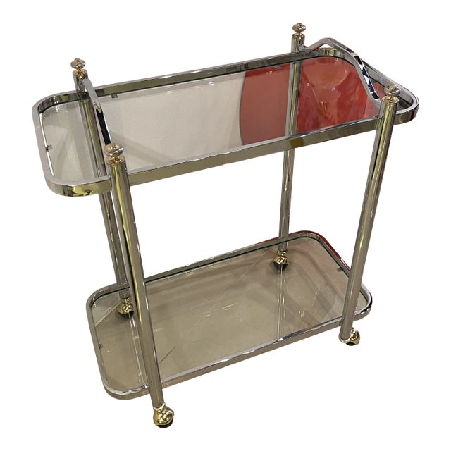 Vintage Chrome & Brass Barcart Bar Cart 2 Glass Shelves Restored For Sale