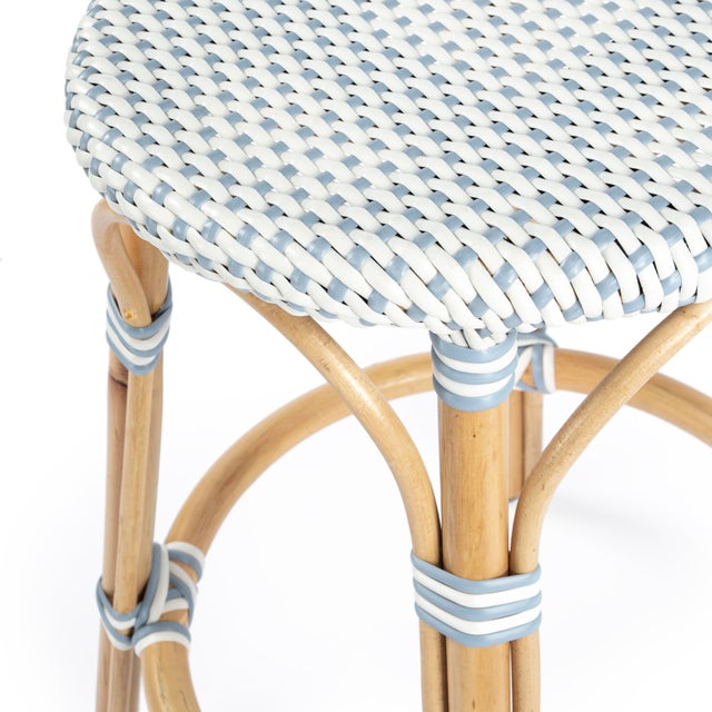 Wood Tobias 24 in. Seat Height Round Rattan Backless Counter Stool, White/Sky Blue Dot / Natural Rattan Frame For Sale - Image 7 of 9