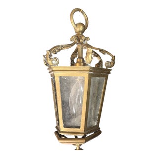 Vintage French Rococo-Style Hexagonal Brass & Glass Hall Lantern For Sale