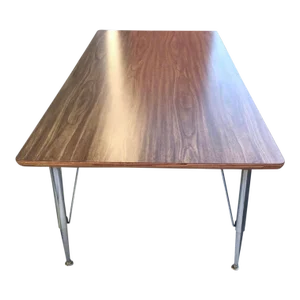 Midcentury Industrial Walnut Low Table Manner of Thonet on Adjustable Height Chrome Hairpin Legs