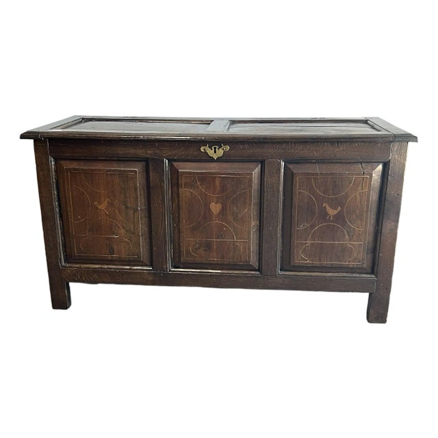 Antique French Oak Inlaid Blanket Trunk With Heart & Dove Motifs For Sale