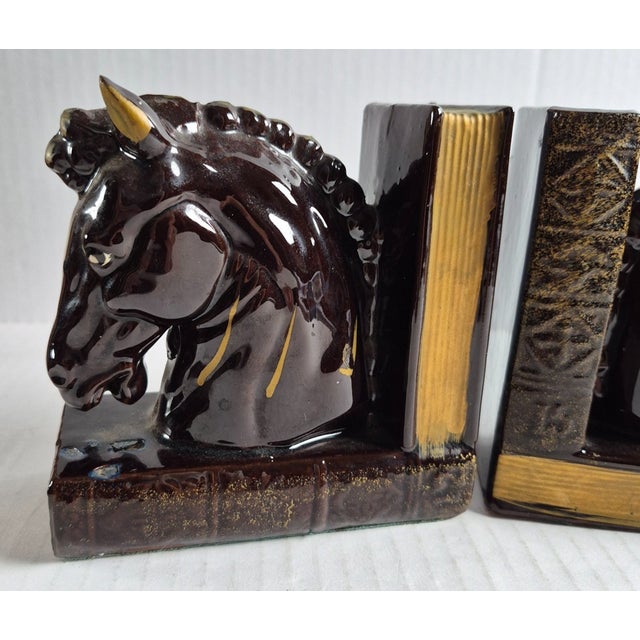 1990s Vintage MCM Brown Gold Ceramic Hand Painted Horse Head Equestrian Decor Bookends Pair For Sale - Image 5 of 7