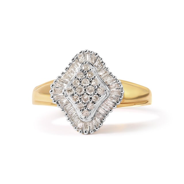 10K Yellow Gold 1/2 Cttw Round And Baguette-cut Diamond Rhombus Head and Halo Ring (I-J Color, I1-I2 Clarity) - Ring Size 7 For Sale - Image 4 of 6