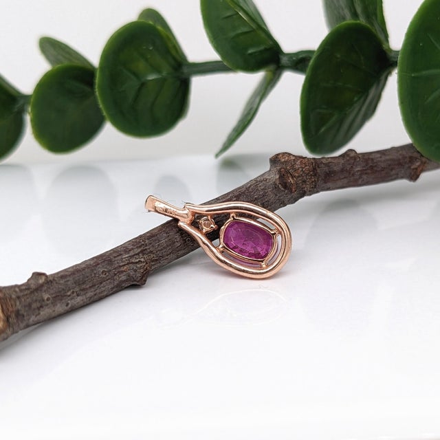 Metal Pretty Red Ruby Pendant W Earth Mined Diamonds in Solid 14k Rose Gold Oval 9x7mm For Sale - Image 7 of 8